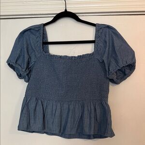 J. Crew Denim-Look Smocked Puff Sleeve Crop Top - Blue